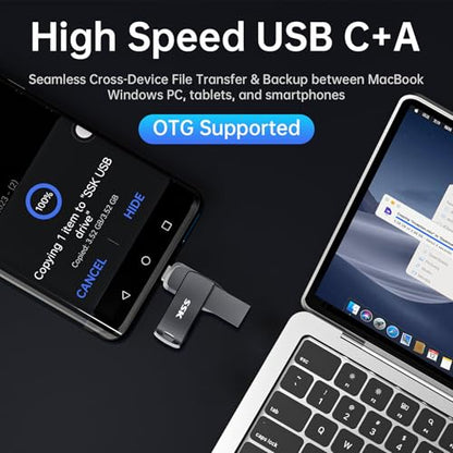 SSK 64GB Flash Drive up to 450MB/s Thumb Drive USB C+A 3.2 Memory Stick | SMART & TRIM,Support OTG, USB 3.2 GEN2 External Solid State Drives for iPhone 15/16/17/Android/Mac/Xbox - size: 64GB