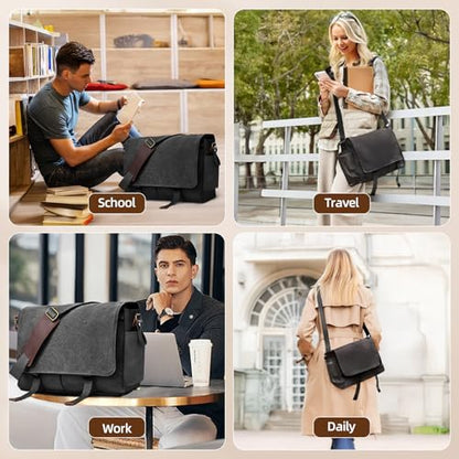 Messenger Bag for men Laptop Bag UnisexRetro Canvas Bag14-15.6 inches Casual single shoulder bag For Work College Travel - color: Black