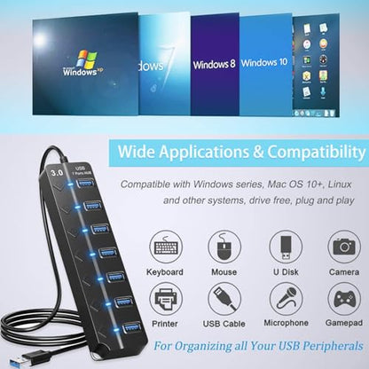 USB Hub 7 Port,USB 3.0 Hub Splitter with Individual On/Off LED Switches and Lights,USB Hub Compatible with MacBook,5Gbps HighSpeed Data for Laptop,Mac,PC,Desktop,PS5,Xbox and Flash Drive, Mobile HDD - style: USB 3.0