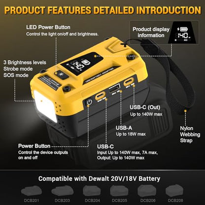 140W Fast Battery Bidirectional Charger Compatible with Dewalt 20V Battery | Dual USB-C 140W Output, Single USB-A 18W Output, Maximum Output of 280W, 700LM LED Work Light & LED Display (No Battery) - color: Yellow
