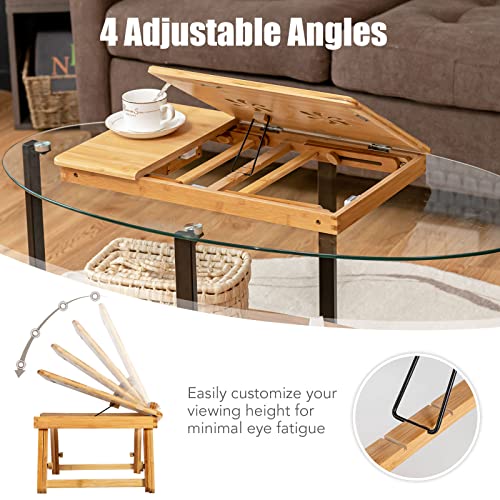 Tangkula Laptop Desk w/Heat-Dissipation Holes, Height Adjustable Bed Table | Folding Breakfast Serving Bed Tray, Tilting Top & Drawer, 100% Bamboo, Surfing Reading Writing Eating