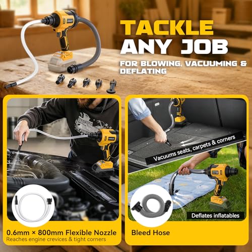 LIVOWALNY Upgraded Air Blower Compatible with Dewalt 20V Battery, 4-in-1 Compressed Air Duster, 480MPH, 120,000 RPM Brushless Motor, 4-Speed Leaf Blower for Car, Pc, Workshop (Tool Only,No Battery)