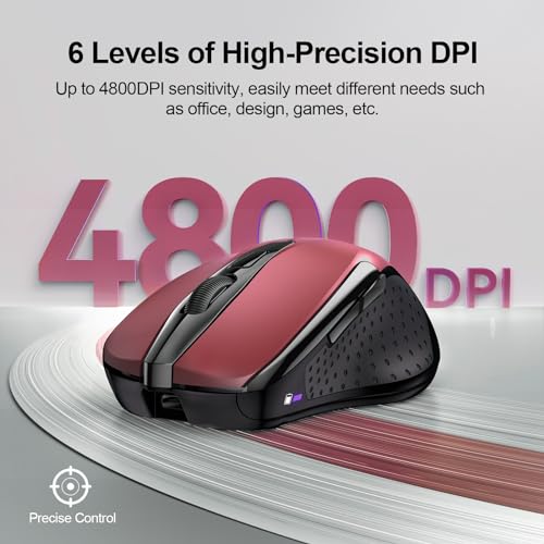 TECKNET Wireless Mouse, BT 5.0/2.4G, Rechargeable 6-DPI Silent, Red | Bluetooth 5.0/3.0 & USB A, 2-Device Easy Switch, Wide OS Compatible, 6 Buttons, 6-DPI up to 4800, Ergonomic for S to M Hands - color: Red