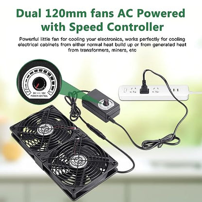 2 x 120mm 240mm Computer Fan with AC Plug, 110V - 240V AC Powered Fan with Variable Speed Controller for Receiver Cabinet Chassis Machine Server Workstation Cooling - size: 9.5x4.7x1.0in