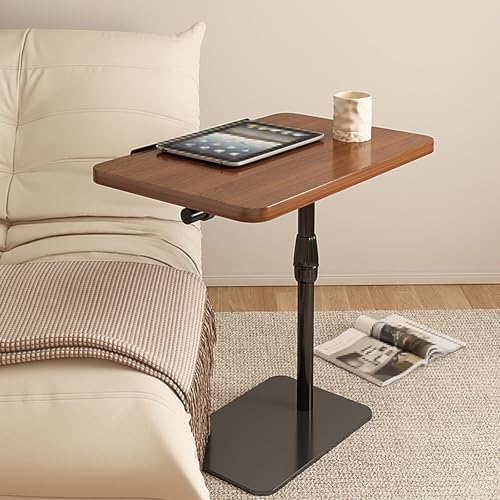 Overbed Table Tray Artificial Board Bedside Table, Office Sofa Side Table, Laptop Table, can Lift and Flip with Antis Fall Strips, Used for Home, Hospitals(Brown) - color: Brown