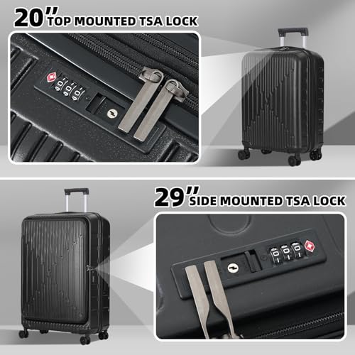 Kaleenie 2 PCS 20/29 Luggage Sets, 20” Cabin Luggage 29” Side Open Suitcase | 20 Inch with Front Pocket,29 Inch Checked Trunk Suitcase,Lightweight ABS+PC Hardshell,TSA Lock,HINOMOTO 360° Wheels,Black - color: Dark Black, size: 20/29 Set