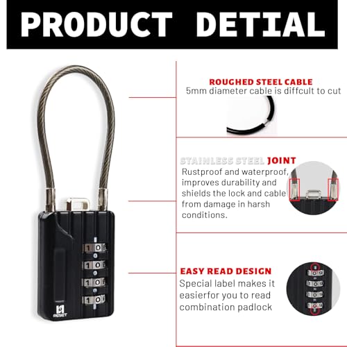 RESET-201 4-Digit Cable Padlock, 7 in 18cm 5mm Cable, 2 Pack | 7 in 18cm 5mm flexible steel cable for lockers, bags, toolboxes, and everyday light-duty secondary locking. - size: 18cm(7.1 inch)Cable