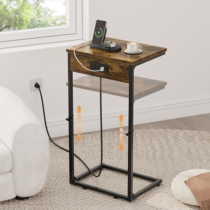C Shaped End Table with Charging Station, Adjustable Height Side Table for Couch, Small Side Table, 33.2'' Tall Couch Tables that Slide Under, Tv Tray End Table for Living Room, Rustic Brown - color: Rustic Brown (1 Pack), style: With Plug