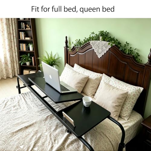 Overbed Bedside Table with Wheels Portable Rolling Laptop Desk Cart Computer Table Over The Bed Table Adjustable Height and Length with Tilt Stand Board for Bed Hospital Home and Office (Black-M) - color: Black-m