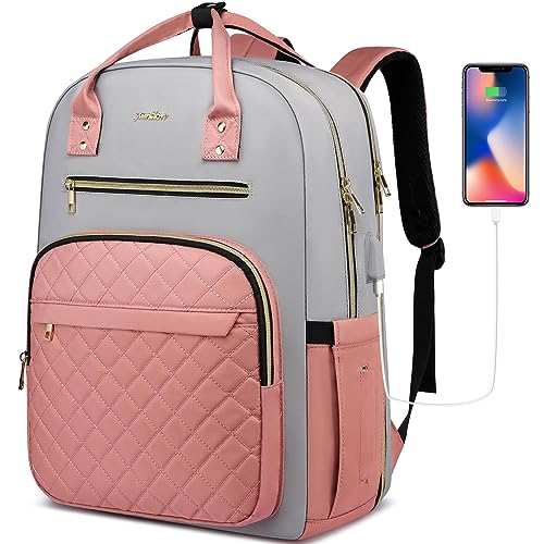 YAMTION Backpack for Women and Teen Girls,School Backpack TSA Laptop Bookbag with USB for College University Students Business Office Work Travel - color: Pink Gray, size: 15.6 inch