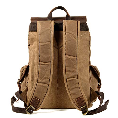WUDON Leather Backpack for Men, Waxed Canvas Shoulder Rucksack Carry-On Travel Backpack - color: Khaki-regular