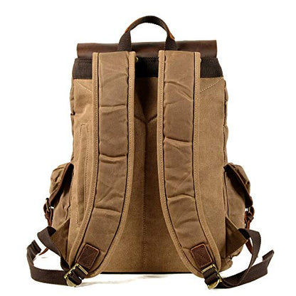 WUDON Leather Backpack for Men, Waxed Canvas Shoulder Rucksack Carry-On Travel Backpack - color: Khaki-regular