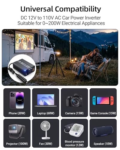 Bestek 200W Car Inverter Power Outlet DC 12V to AC 110V-Car Plug in Adapter Outlet with PD 30W USB-C QC 18W USB-A Fast Charging Port-Car Charger Cigarette Lighter Adapter for Phone,Laptop