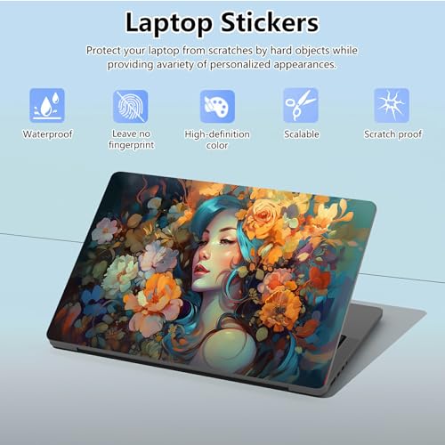 Universal Laptop Skin Sticker with 2 Wrist Pad Skins, Waterproof Scratch Resistant Vinyl Laptop Cover Decal, Cut to Fit for 11–15.6 Inch MacBook HP Dell Lenovo, Art Girl Flower - color: Art Girl Flower