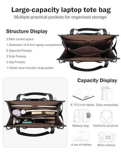 FADEON Laptop Bag for Women Designer PU Leather Large Tote Bags Backpack Purses with 15.6 Laptop Compartment Shoulder Handbag - color: Black