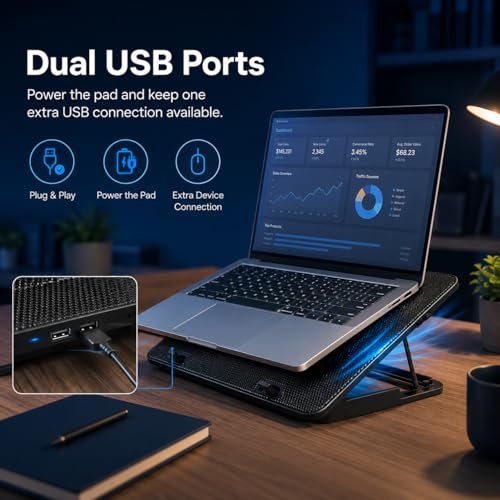 Laptop Cooling Pad, 6 Fans, 4-Level Stand, Dual USB for 12-17 Inch Laptops | Laptop fan stand cooler, computer cooling pad for laptops, phone holder, dual USB ports for home offices, study and work