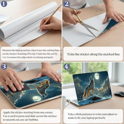 Universal Laptop Skin Sticker Decal,15.6 Inch Laptop Vinyl Cover for 13" 14" 15.6" Laptop,Scratch-Resistant Waterproof Protector Wrap,Reusable with Wrist Pads,Moon Wolf Snow Howl - color: Moon Wolf Snow Howl