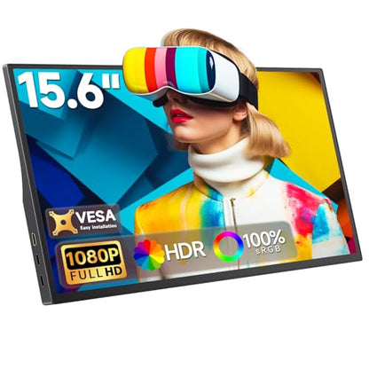15.6" Portable Monitor 1080P FHD IPS, 250 Nits Brightness, Adjustable Kickstand with VESA Mount, USB-C HDMI, Dual Speakers, Ultra-Slim Travel Laptop Second Screen for Phone PC PS5 - size: 15.6"Kickstand