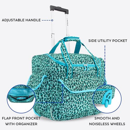 J World Donna Rolling Tote Bag on Wheels for Women. Roller Laptop Briefcase. Overnight Weekender Teachers Work, Mint Leopard - color: Mint Leopard