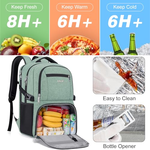 Insulated Lunch Backpack Fit 17" Laptop with Cooler Compartment | 2 In 1 Work Backpack with Lunch Box, Lunch Compartment, Water-Resistant, Lightweight, College Couputer Bag, Men & Women - color: Green