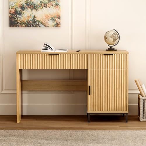 47" Fluted Executive Desk, Modern Wood Home Office Desk with Charging Station, Drawer & Cabinet, Computer Writing Desk for Work Study, Natural Oak - color: Natural Oak