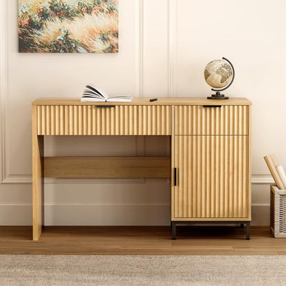 47" Fluted Executive Desk, Modern Wood Home Office Desk with Charging Station, Drawer & Cabinet, Computer Writing Desk for Work Study, Natural Oak - color: Natural Oak