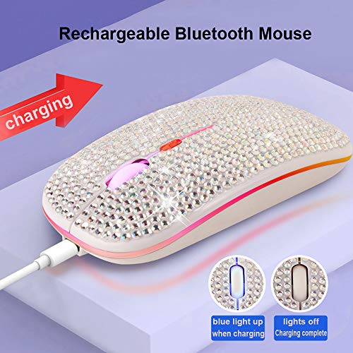 Bluetooth Mouse,Bling Dazzling 2.4GHz Rechargeable Wireless Mouse Slim Mouse with USB Receiver, Compatible with Notebook, PC, Laptop, Computer, MacBook,Great Present idea for Her (White) - color: White