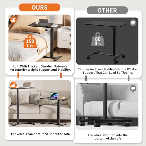Overbed Bedside Table with Hidden Casters,Adjustable Hospital & Home Use Bed Table, Rolling Laptop Table, Mobile Standing Desk,Black - color: Black