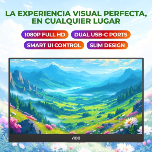 AOC 16" Portable Monitor FHD 60Hz USB-C IPS Ultra Slim Smart Cover 16T20 | 1920×1080 Computer Monitor, USB-C, Mini HDMI, Built-in Speakers, Smart Cover, Ultra Slim, VESA Mount, Low Blue Light - size: 15.6 inch Smart Cover