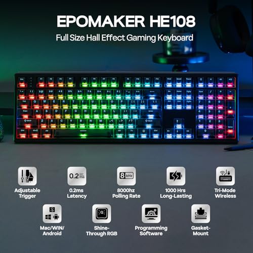 EPOMAKER HE108 Wireless Gaming Keyboard, 8K Polling & 10000mAh, SOCD & DKS | Full-Sized Hall Effect Keyboard with Rapid Triggering, Custom Driver, RGB Backlit, PBT Keycap (Black) - color: Black