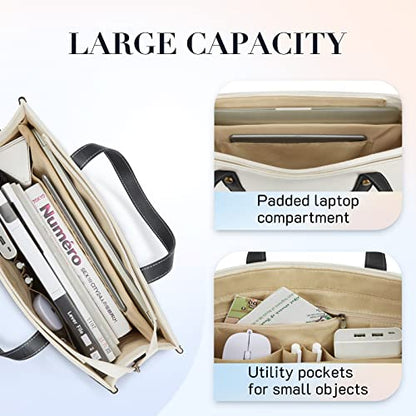 Missnine Laptop Tote Bag Canvas Laptop Bag 15.6 inch Work Shoulder Bags Casual Briefcase Handbag for Travel, Office, College - color: Black+beige