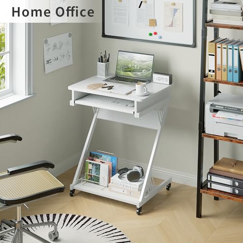 ALISENED Computer Desk for Small Spaces Compact Desk with Keyboard Tray | 23.6" Z-Shaped, with Wheels and Bottom Shelves, for Home Office, Computer Cart Mobile Laptop Cart, White - color: White