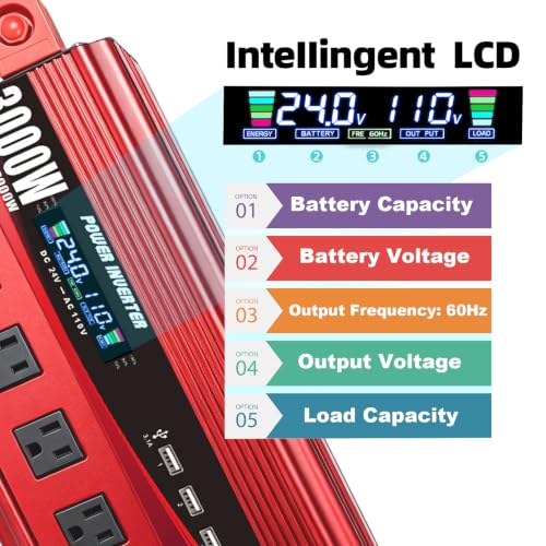 Cantonape 3000W Power Inverter 24V to 110V/120V DC to AC with LCD Display, Remote Controller 4 x AC Outlets and 4 x 3.1A USB Car Adapter for Car Truck Boat RV Solar System - size: 3000W-24V