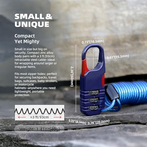 Small Cable Locks with Combination, Travel Combo Lock with Retractable Cable for Ski Gear, Snowboard, Luggage, Suitcases, Backpack, Bike, Bicycle, Scooter, Motorcycle Helmet Anti Theft - color: Black+Blue