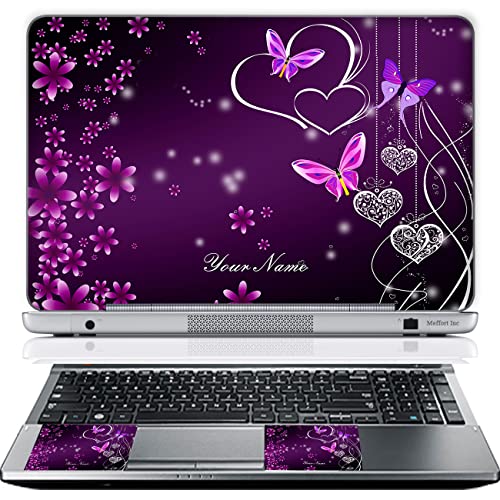 Meffort Inc Personalized Laptop Skin Sticker Cover Art Decal with Wrist Pad, Customize Your Text (12-12.5 Inch, Purple Hearts Butterflies) - color: Purple Hearts Butterflies, size: 12 - 12.5 Inch
