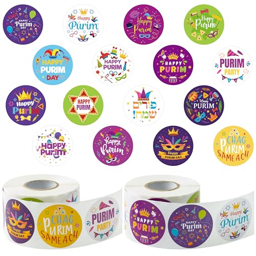 CNhoqc Happy Purim Stickers Roll - 1000 Pcs Round Happy Purim Waterproof Vinyl Reusable Laptop Sticker Coloring Book Scrapbook Water Bottle Page Activity Pad Party Favor Skateboard Gift Wraping Reward - style: Happy Purim