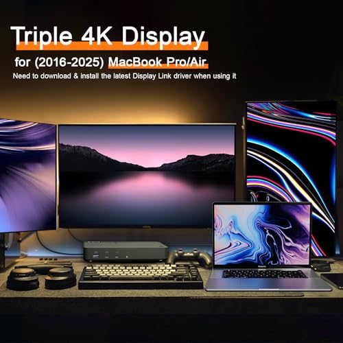 MacBook Docking Station 3 Monitors, Displaylink Laptop Docking Stations with 130W Power Supply,15 in 1 USB C Triple 4K Display Dock for MacBook Pro/Air and USB-C/A Port Computer (3 HDMI, 2 DP)