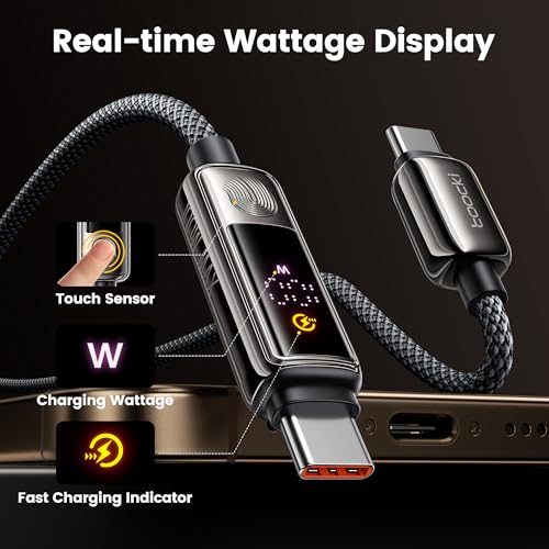 toocki USB C to USB C Cable 3.3FT 100W | LED Touch Display, PD Fast Charging, E-Marker Chip, Nylon Braided, Reinforced Connectors - size: 3.3FT