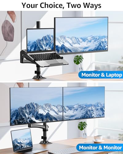 MOUNTUP Laptop and Monitor Desk Mount, Laptop Tray for Max 17" Notebook, Monitors Arm Fits up to 32" Monitor, Laptops Arm Holds 4.4-22lbs, 2-in-1 Tall Laptops Mount with Clamp/Grommet - size: Dual, style: With Pole