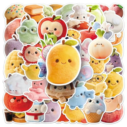 50 PCS Cute Plush Stickers for Scrapbooking, Kawaii Cartoon Decals for Journaling Planner, Waterproof Adorable Food Animal Vinyl Stickers for Water Bottle Laptop Phone DIY Crafts - style: A6