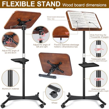 2 in 1 Dual-use Music Stand & Desktop Book Stand, Adjustable Height 16.5"-51", 100% Solid Wood Laptop Floor Stand Book Holder with Elastic Page Clips for Cookbooks (Black Walnut with Tray and Wheels) - color: Black Walnut With Tray and Wheels