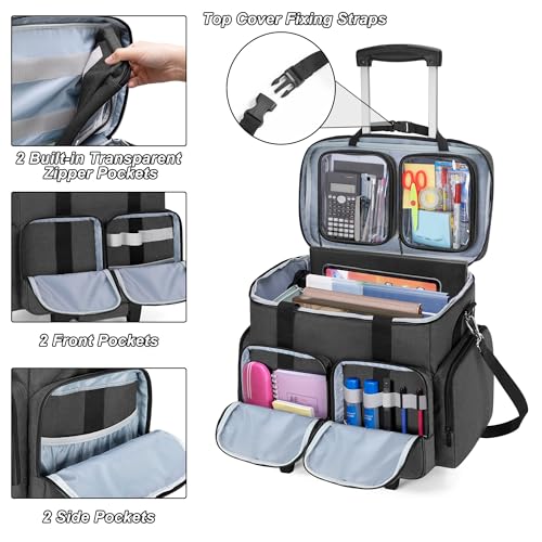 Rolling Teacher Tote Bag with 2 Detachable Pouches for Work, Black | Wheeled Teacher Uility Bag with 15.6" Padded Laptop Sleeve, Large Briefcase with Detachable Trolley for Women - color: Black