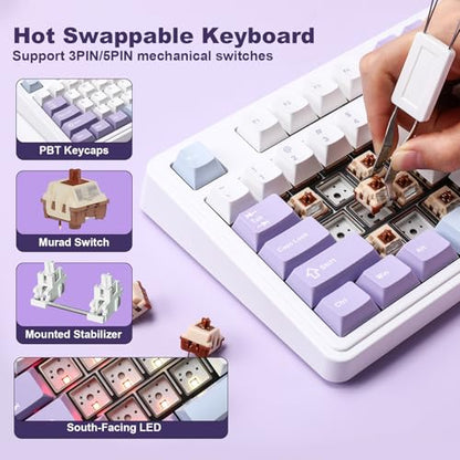AJAZZ AK980 Mechanical Keyboard, Creamy & Thocky with Smart Display & Knob, 98% Wireless Tri-Mode BT/2.4G/USB-C, Hot Swappable, RGB Light for Win & Mac (Purple, Murad Switch) - color: Purple