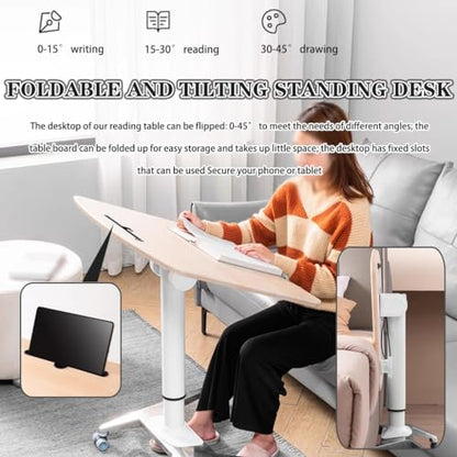 Height Adjustable Desk Conference Room Lift Speech Sit Stand Desk, School Mobile Podium with Rollers, Foldable Tilting Desktop Side Table, Fixed Slot and Fence(Natural) - color: Natural