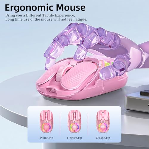 Wireless Bluetooth Mouse, Transparent BT+2.4G Dual-Mode Gaming Mouse with Magnetic Top Cover, Rechargeable RGB Backlit Computer Mouse for Laptop, PC, MacBook, iPad (Pink) - color: Pink