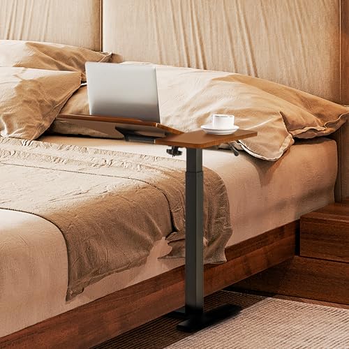 Adjustable Overbed Bedside Table with Hidden Wheels, Pneumatic Tilt Board Rolling Laptop Standing Desk Cart, Mobile Over Bed Sofa Chair Side End Tables, Walnut (Walnut) - color: Walnut