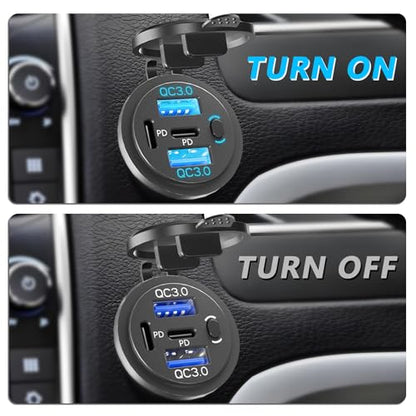 VANONE 12V USB Outlet with On/Off Switch – 4-Port Fast Charging for Car, Boat, RV & Marine Use, Prevents Battery Drain, Built-in Professional Look, Complete DIY Kit for Permanent Installation
