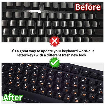 2PCS Russian Keyboard Stickers, Russian-English Keyboard Letters Replacement Sticker Orange Font with Black Background for PC Computer Laptop Notebook Desktop, Cyrillic Keyboard Alphabet Stickers - color: Russian-orange