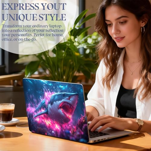 Universal Laptop Skin Sticker Decal,15.6 Inch Laptop Vinyl Cover for 13" 14" 15.6" Laptop,Scratch-Resistant Waterproof Protector Wrap,Reusable with Wrist Pads,Neon Pink Shark - color: Neon Pink Shark