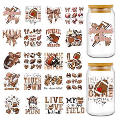 Rngmsi 20 Sheets Football Bow UV DTF Cup Wrap, Cold UV DTF Transfer Sticker | Sports Brown Mama Uvdtf Stickers, Waterproof, Rub on Transfer Decals, for DIY 16 oz Glass Cups Water Bottle Mug Crafts - style: Football Bow